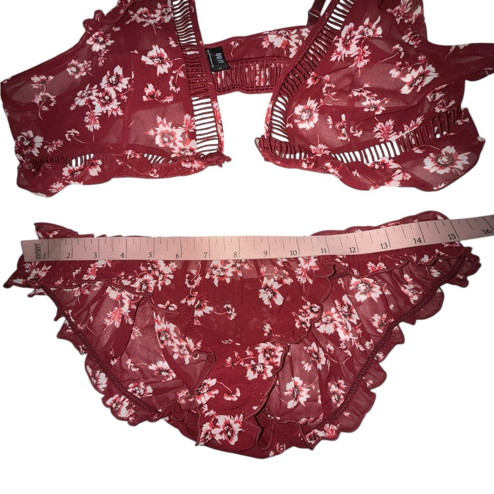 HAUTY Printed Chiffon Burgundy Red & White Floral Bralette Set Medium - Picture 5 of 7